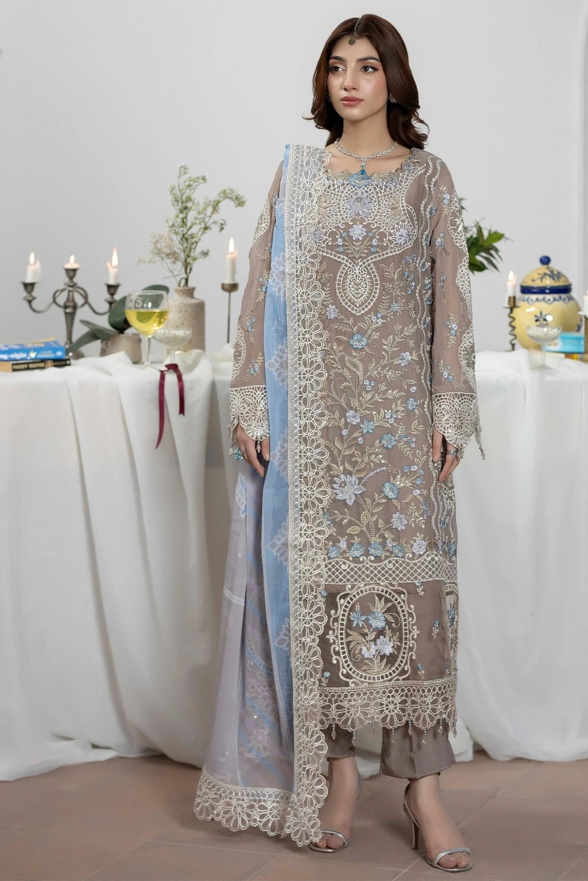 Adans Libas | Eid Festive Chiffon | EID FESTIVE 1797-Brand:Adans Libas-Type:Ladies Clothes-Soft Gray-Chiffon-House of Maryam- Buy in UK, USA