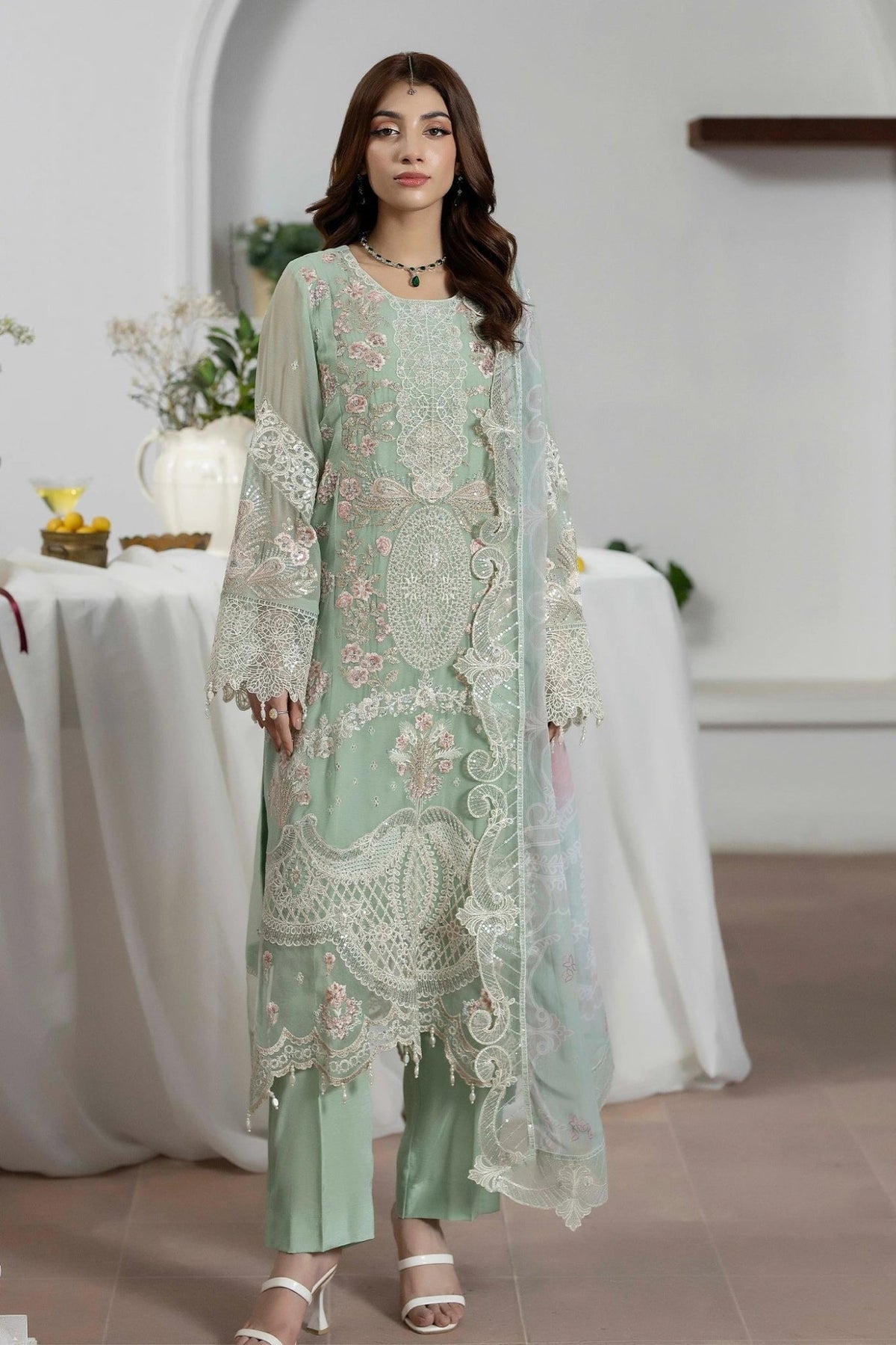 Adans Libas | Eid Festive Chiffon | EID FESTIVE 1798-Brand:Adans Libas-Type:Ladies Clothes-Pastel Mint-Chiffon-House of Maryam- Buy in UK, USA