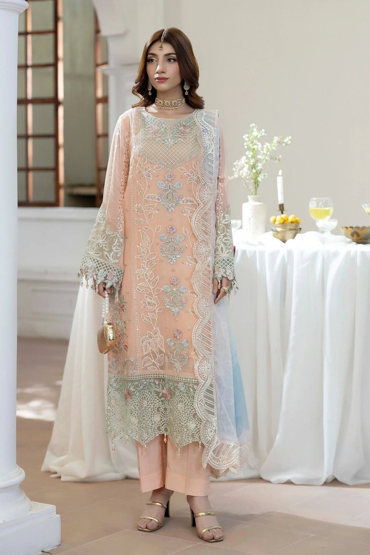 Adans Libas | Eid Festive Chiffon | EID FESTIVE 1799-Brand:Adans Libas-Type:Ladies Clothes-Pale Peach-Chiffon-House of Maryam- Buy in UK, USA