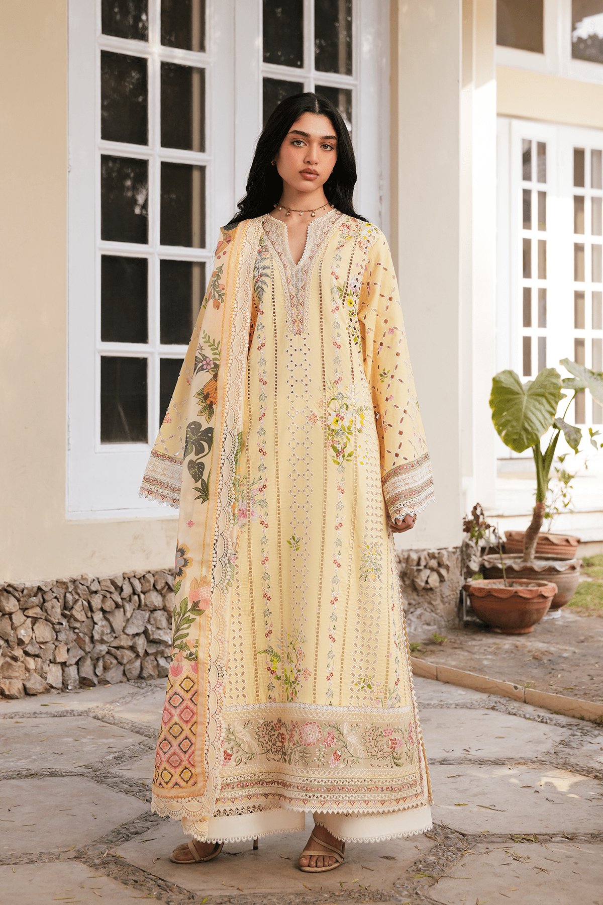 Afrozeh | Florette 26 | Eira-Brand:Afrozeh-Type:Ladies Clothes-Butter Yellow-Lawn-House of Maryam- Buy in UK, USA