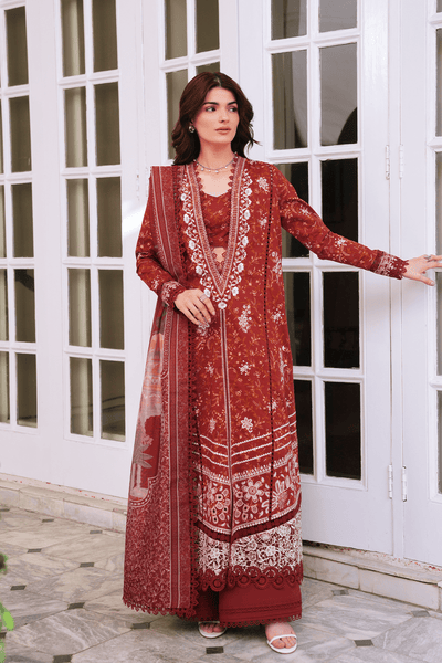 Afrozeh Elyndra crimson red embroidered lawn suit