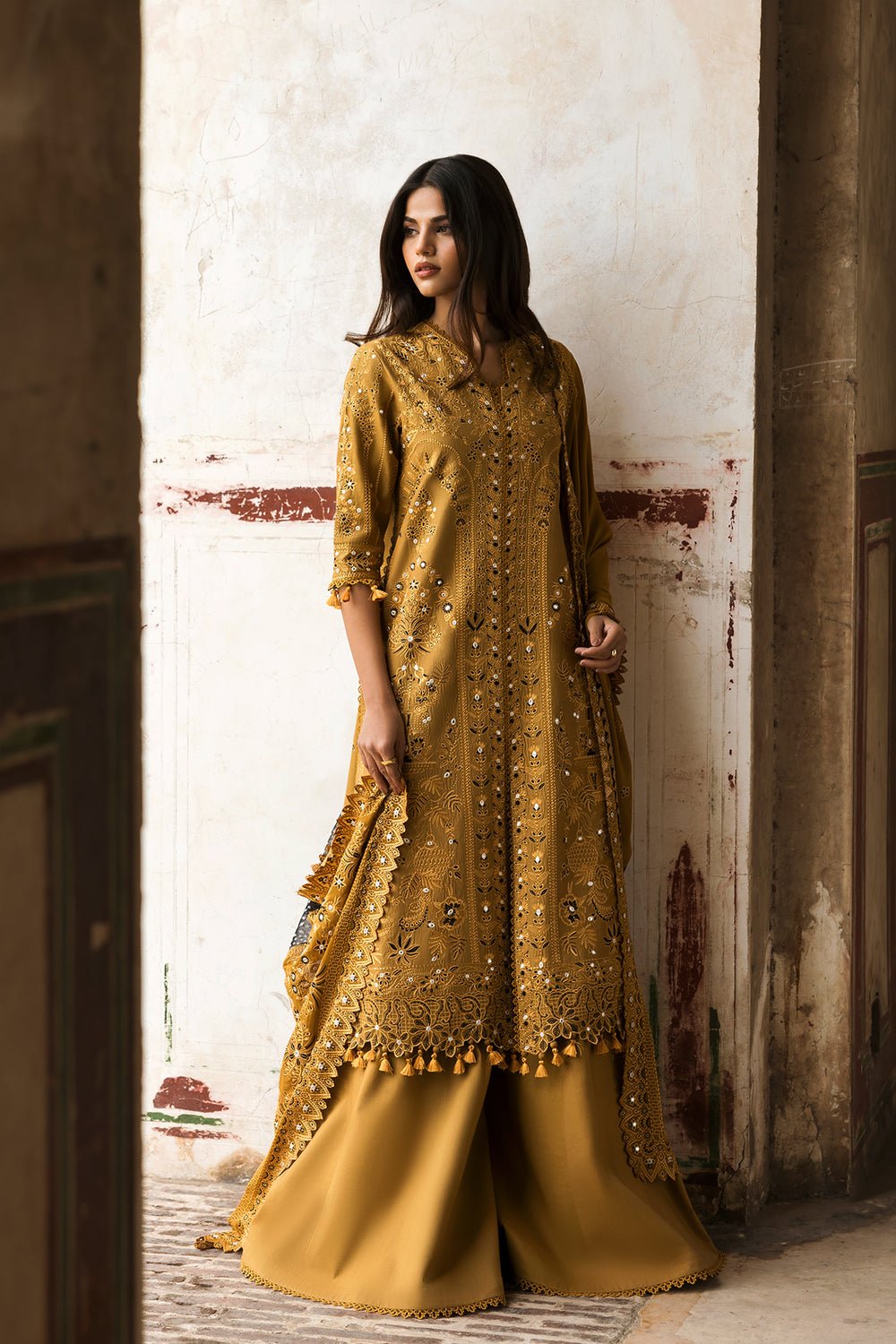 Afrozeh | Mulaqat Lawn 26 | Wafa-Brand:Afrozeh-Type:Ladies Clothes-Mustard-Lawn-House of Maryam- Buy in UK, USA