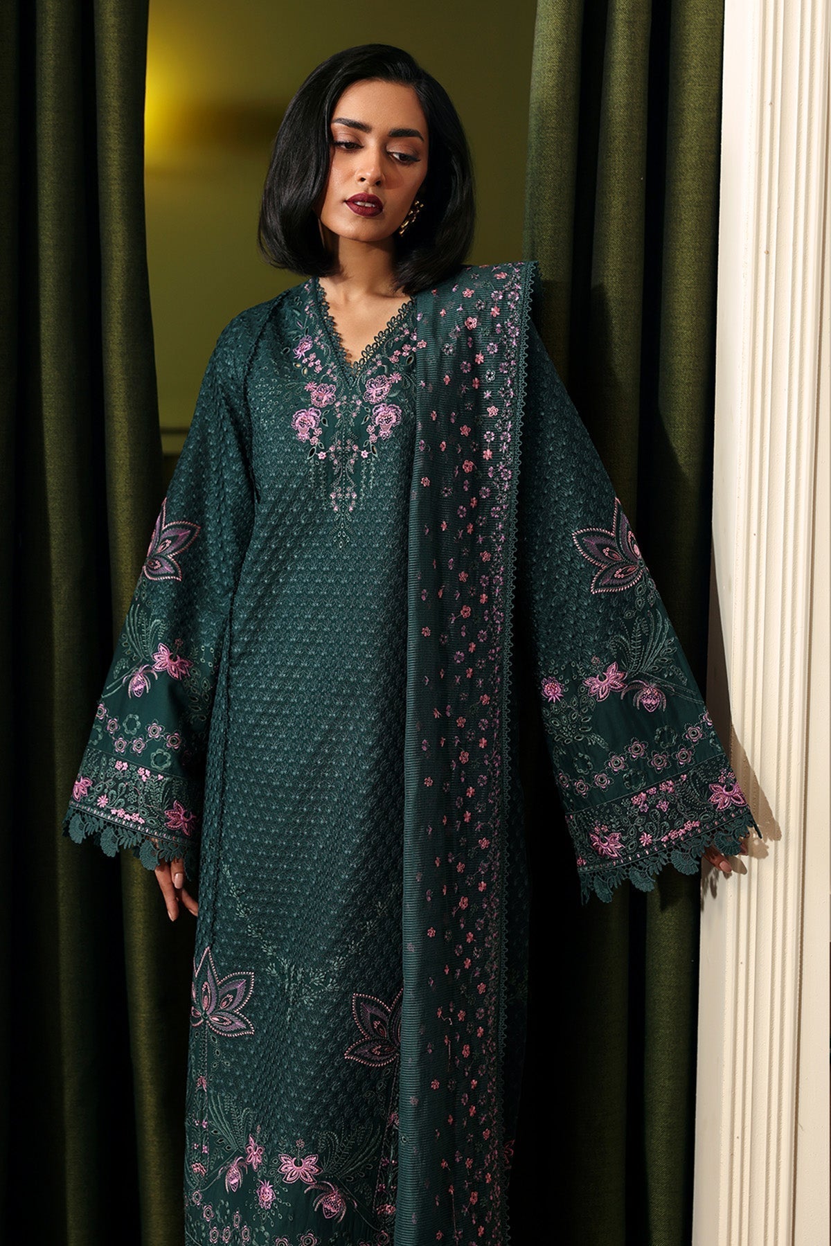 Afrozeh | Rhythm RTW | Aurun-Brand:Afrozeh-Type:Luxury-Bottle Green-Lawn-House of Maryam- Buy in UK, USA