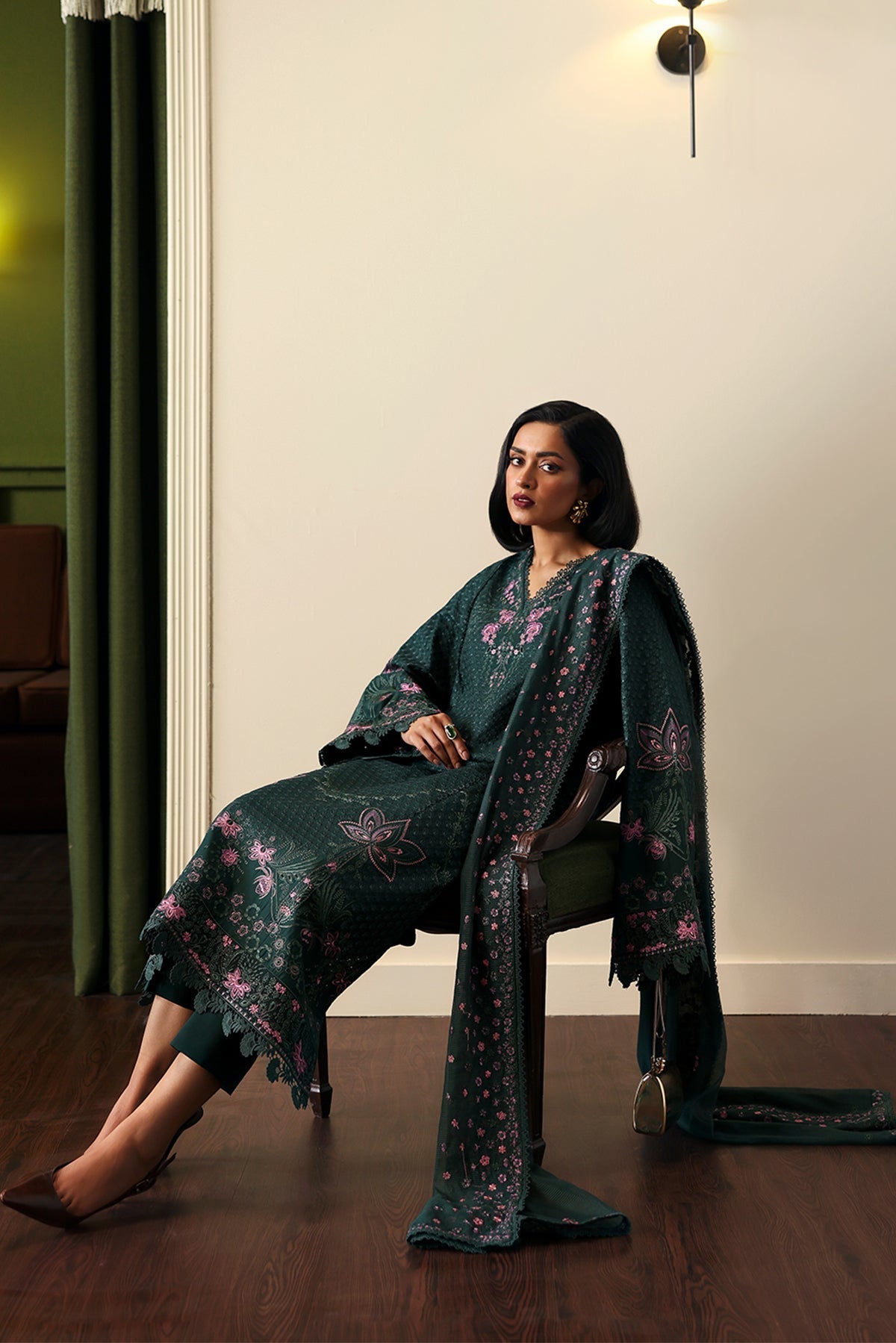 Afrozeh | Rhythm RTW | Aurun-Brand:Afrozeh-Type:Luxury-Bottle Green-Lawn-House of Maryam- Buy in UK, USA