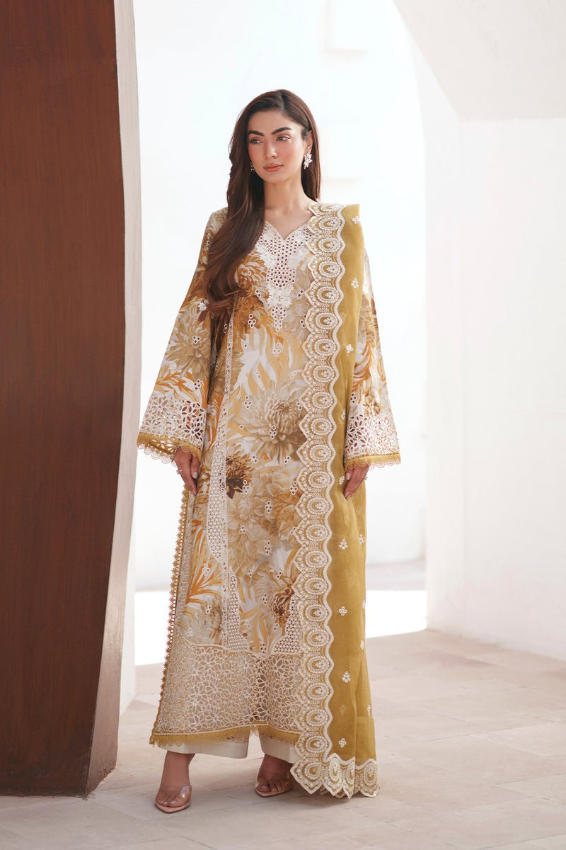 Afrozeh Calyra skin tone and brown embroidered lawn suit
