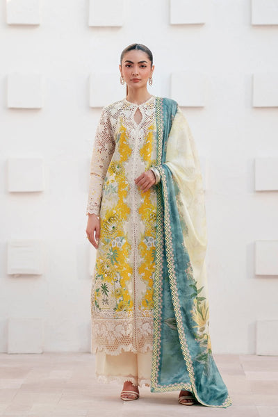 Afrozeh Liorae mustard embroidered lawn suit