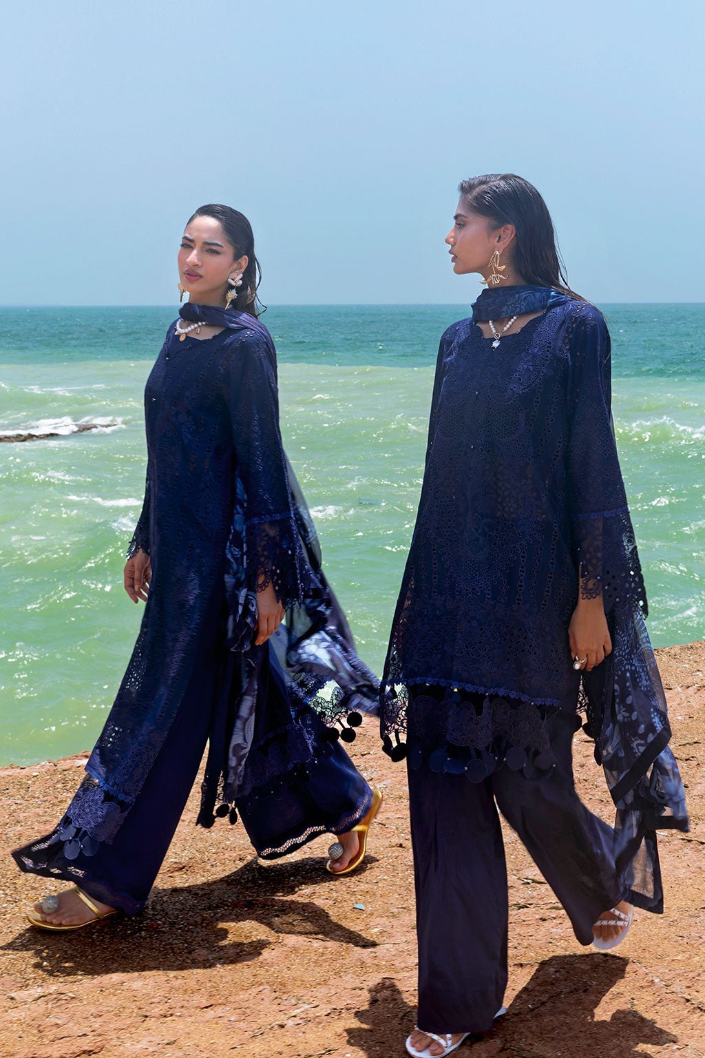 Afsanah | Lost in Waves | A-202-Brand:Afsanah-Type:Ladies Clothes-Deep Blue-Long Shirt-House of Maryam- Buy in UK, USA