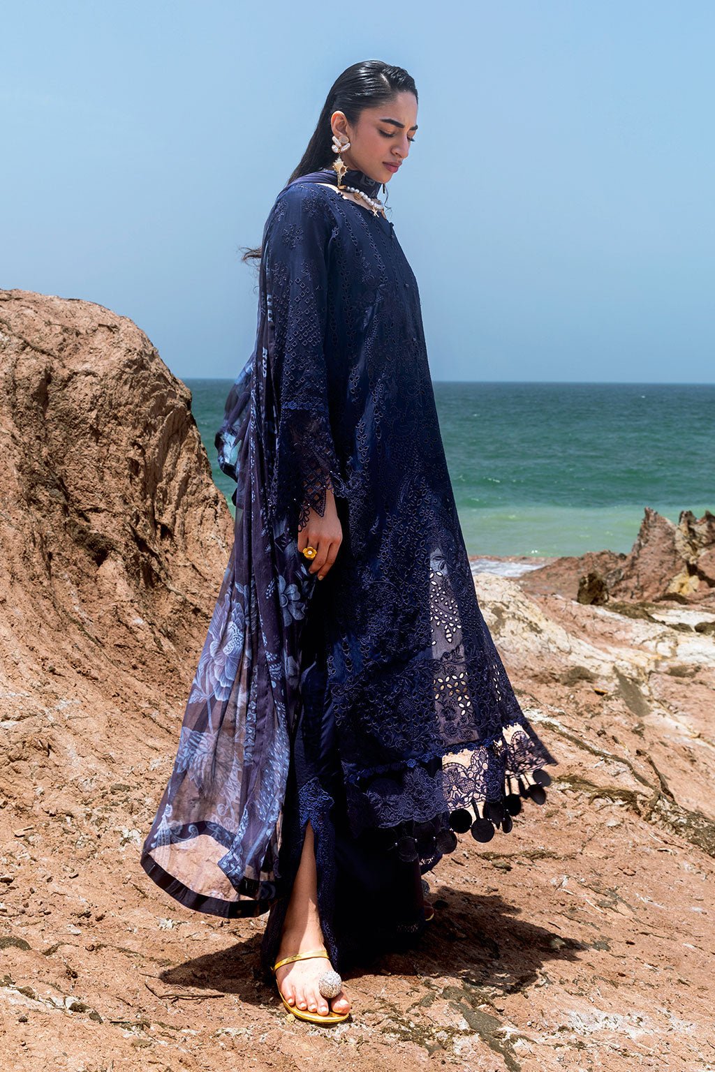 Afsanah | Lost in Waves | A-202-Brand:Afsanah-Type:Ladies Clothes-Deep Blue-Long Shirt-House of Maryam- Buy in UK, USA
