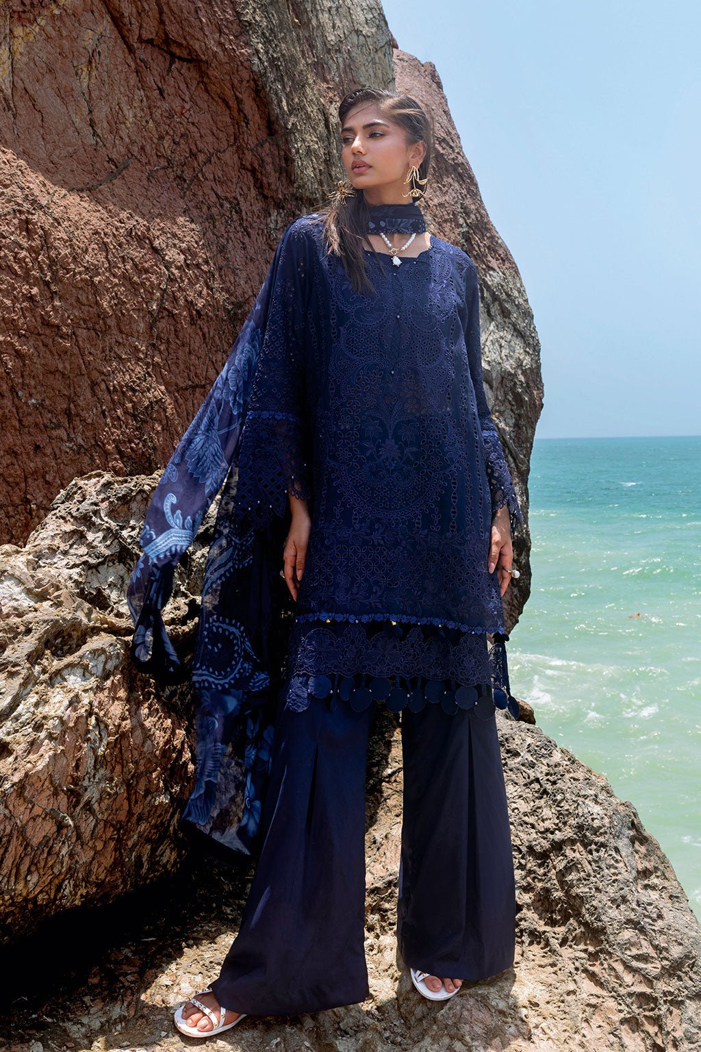 Afsanah | Lost in Waves | A-202-Brand:Afsanah-Type:Ladies Clothes-Deep Blue-Short Shirt-House of Maryam- Buy in UK, USA