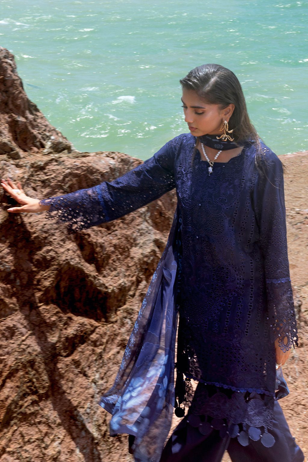 Afsanah | Lost in Waves | A-202-Brand:Afsanah-Type:Ladies Clothes-Deep Blue-Short Shirt-House of Maryam- Buy in UK, USA