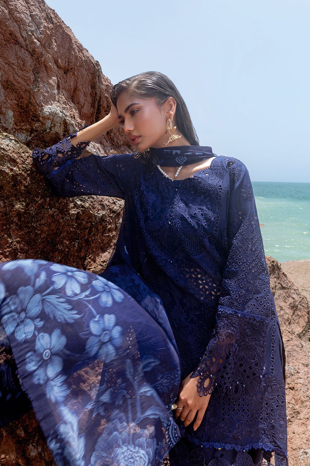 Afsanah | Lost in Waves | A-202-Brand:Afsanah-Type:Ladies Clothes-Deep Blue-Short Shirt-House of Maryam- Buy in UK, USA