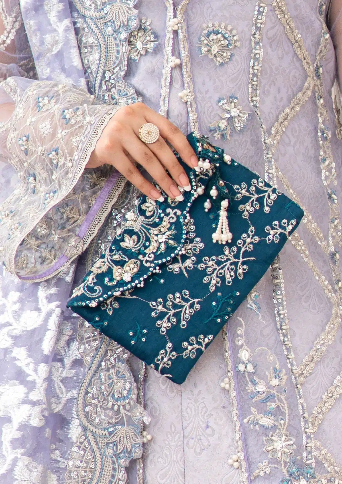 TEAL SILK ENVELOPE CLUTCH by Designer House of Maryam Ltd. - House of Maryam - Pakistani Designer Ethnic Wear in {{ shop.shopifyCountryName }}