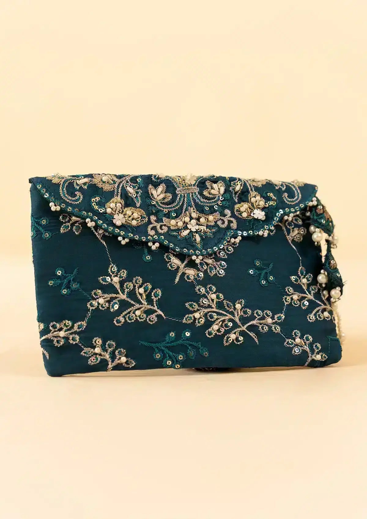 TEAL SILK ENVELOPE CLUTCH by Designer House of Maryam Ltd. - House of Maryam - Pakistani Designer Ethnic Wear in {{ shop.shopifyCountryName }}