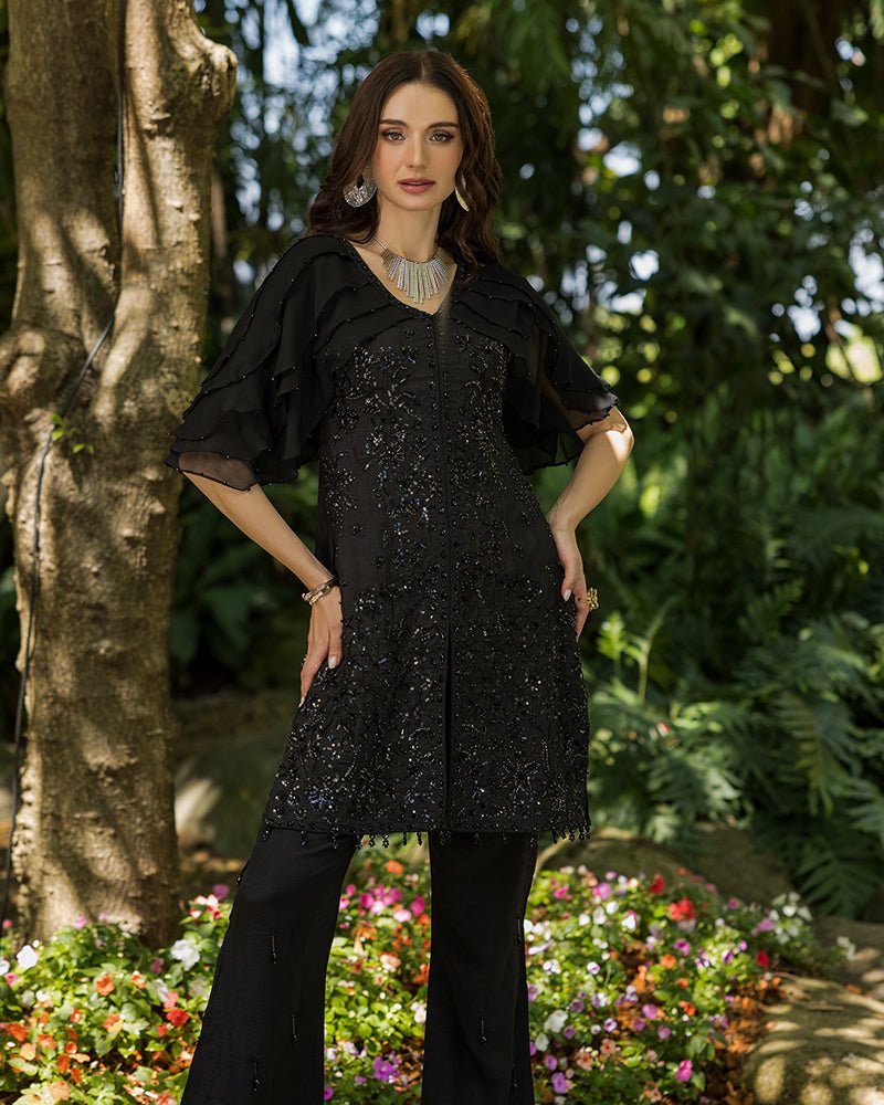 Ain | Cascade Party Wears | AN-102-Brand:Ain-Type:Ladies Clothes-Black-Korean Raw Silk-House of Maryam- Buy in UK, USA