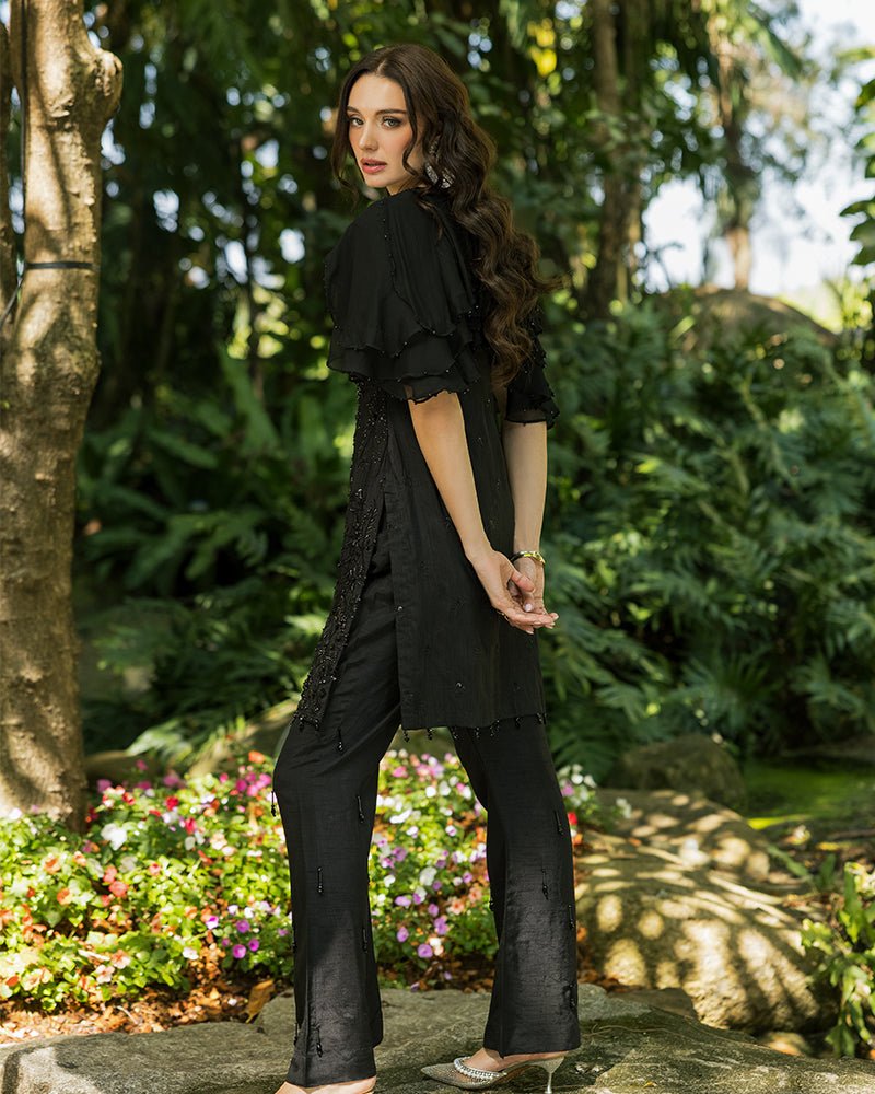 Ain | Cascade Party Wears | AN-102-Brand:Ain-Type:Ladies Clothes-Black-Korean Raw Silk-House of Maryam- Buy in UK, USA