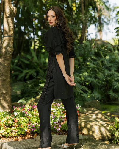 Ain | Cascade Party Wears | AN-102-Brand:Ain-Type:Ladies Clothes-Black-Korean Raw Silk-House of Maryam- Buy in UK, USA
