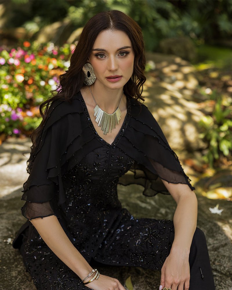 Ain | Cascade Party Wears | AN-102-Brand:Ain-Type:Ladies Clothes-Black-Korean Raw Silk-House of Maryam- Buy in UK, USA