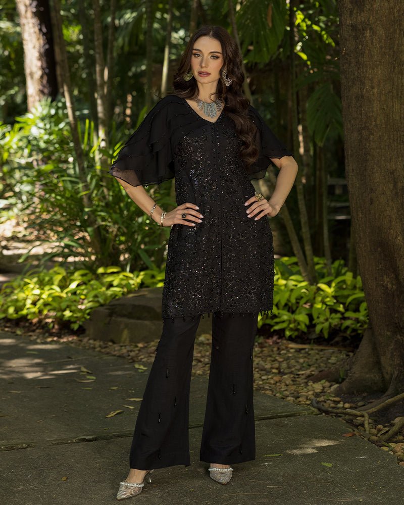 Ain | Cascade Party Wears | AN-102-Brand:Ain-Type:Ladies Clothes-Black-Korean Raw Silk-House of Maryam- Buy in UK, USA