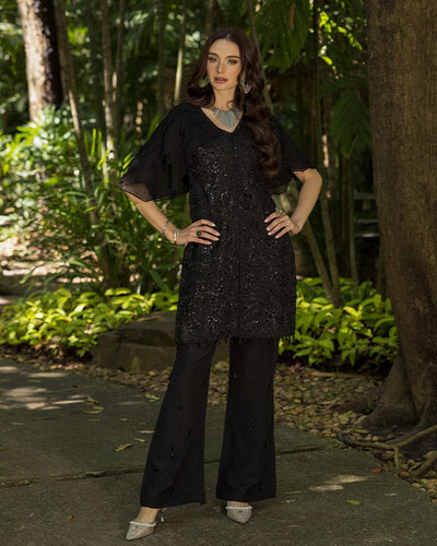 Ain | Cascade Party Wears | AN-102-Brand:Ain-Type:Ladies Clothes-Black-Korean Raw Silk-House of Maryam- Buy in UK, USA