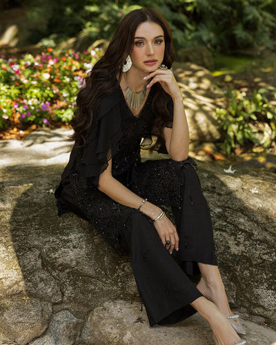 Ain | Cascade Party Wears | AN-102-Brand:Ain-Type:Ladies Clothes-Black-Korean Raw Silk-House of Maryam- Buy in UK, USA