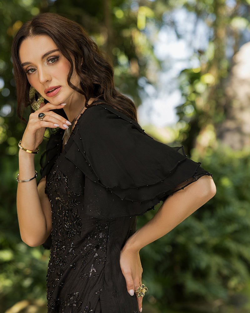 Ain | Cascade Party Wears | AN-102-Brand:Ain-Type:Ladies Clothes-Black-Korean Raw Silk-House of Maryam- Buy in UK, USA