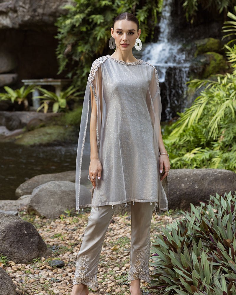 Ain | Cascade Party Wears | AN-103-Brand:Ain-Type:Ladies Clothes-Gray-Net-House of Maryam- Buy in UK, USA