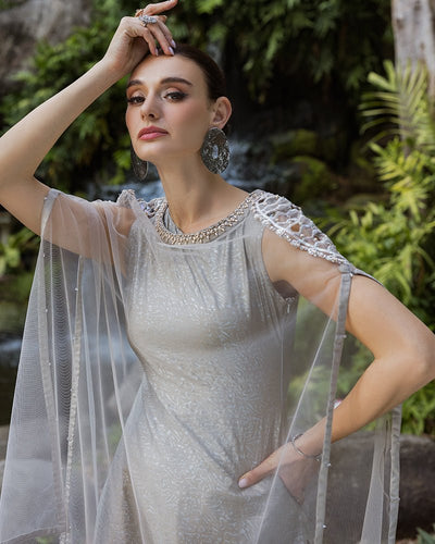 Ain | Cascade Party Wears | AN-103-Brand:Ain-Type:Ladies Clothes-Gray-Net-House of Maryam- Buy in UK, USA