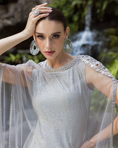 Ain | Cascade Party Wears | AN-103-Brand:Ain-Type:Ladies Clothes-Gray-Net-House of Maryam- Buy in UK, USA