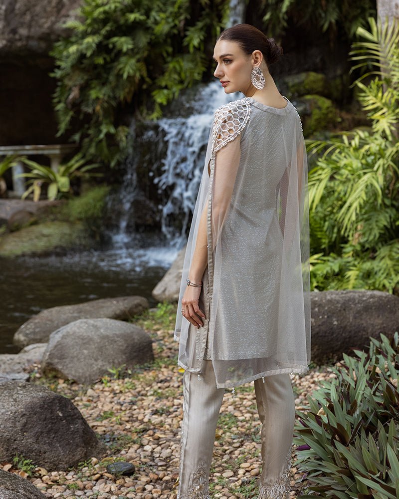 Ain | Cascade Party Wears | AN-103-Brand:Ain-Type:Ladies Clothes-Gray-Net-House of Maryam- Buy in UK, USA