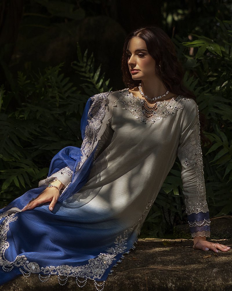 Ain | Cascade Party Wears | AN-104-Brand:Ain-Type:Ladies Clothes-Blue-Korean Raw Silk-House of Maryam- Buy in UK, USA