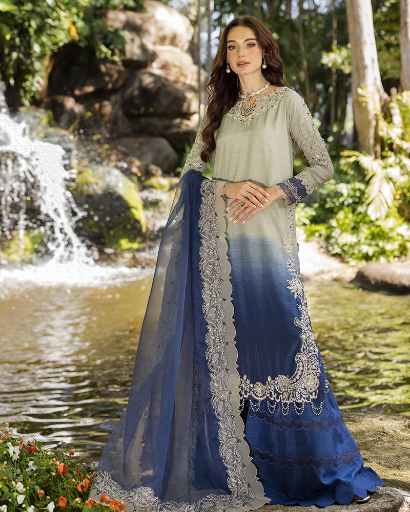 Ain | Cascade Party Wears | AN-104-Brand:Ain-Type:Ladies Clothes-Blue-Korean Raw Silk-House of Maryam- Buy in UK, USA