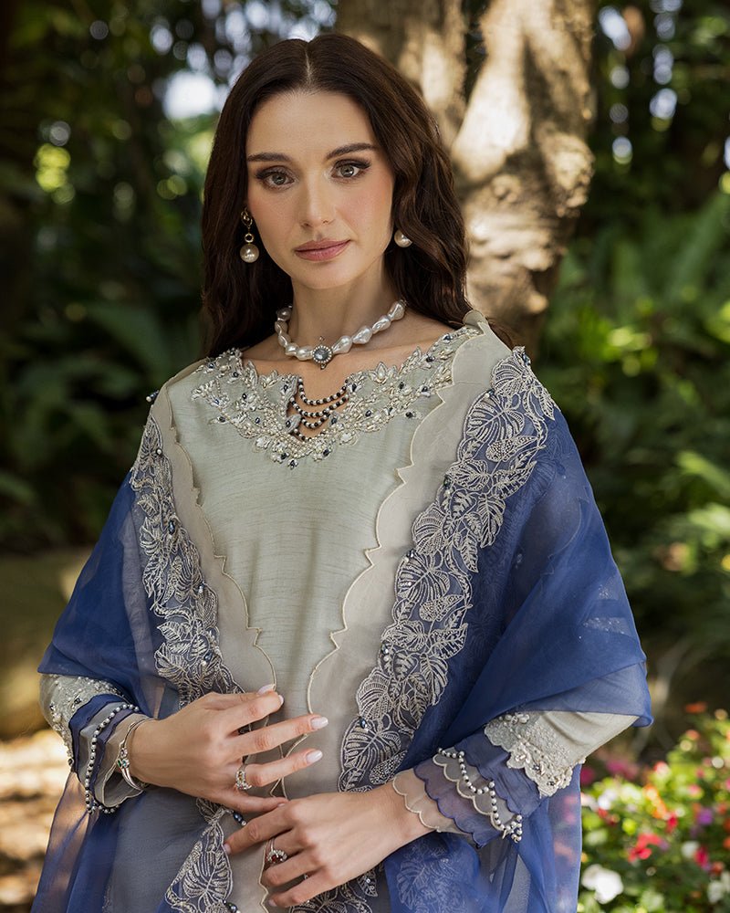 Ain | Cascade Party Wears | AN-104-Brand:Ain-Type:Ladies Clothes-Gray-Korean Raw Silk-House of Maryam- Buy in UK, USA