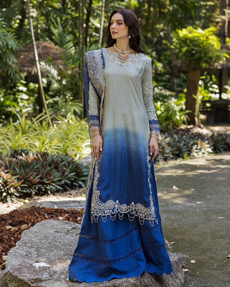 Ain | Cascade Party Wears | AN-104-Brand:Ain-Type:Ladies Clothes-Gray-Korean Raw Silk-House of Maryam- Buy in UK, USA