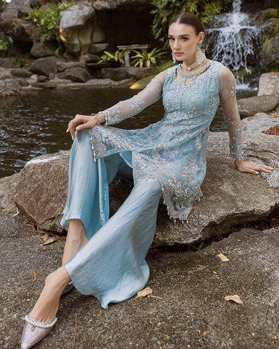 Ain | Cascade Party Wears | AN-105-Brand:Ain-Type:Ladies Clothes-Ice Blue-Net-House of Maryam- Buy in UK, USA