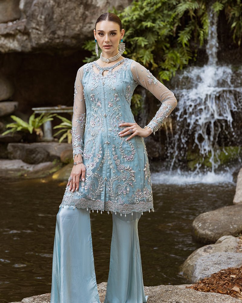 Ain | Cascade Party Wears | AN-105-Brand:Ain-Type:Ladies Clothes-Ice Blue-Net-House of Maryam- Buy in UK, USA