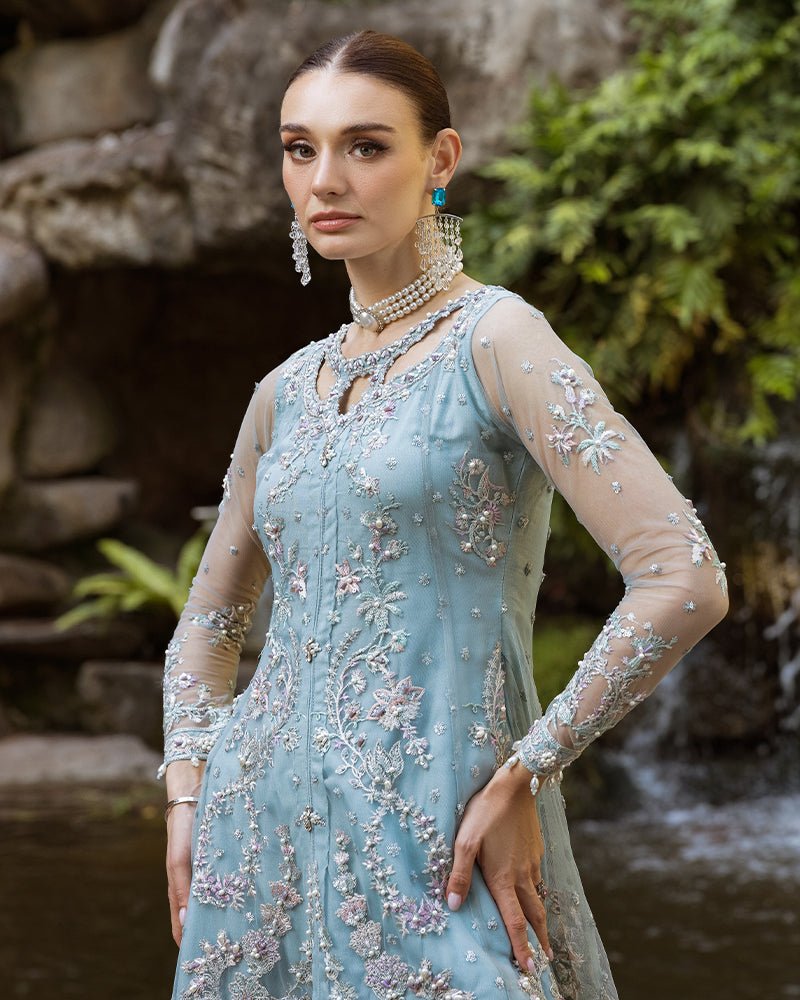 Ain | Cascade Party Wears | AN-105-Brand:Ain-Type:Ladies Clothes-Ice Blue-Net-House of Maryam- Buy in UK, USA
