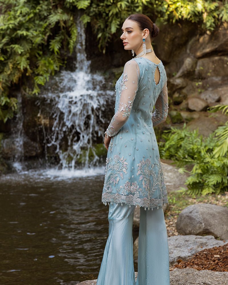 Ain | Cascade Party Wears | AN-105-Brand:Ain-Type:Ladies Clothes-Ice Blue-Net-House of Maryam- Buy in UK, USA