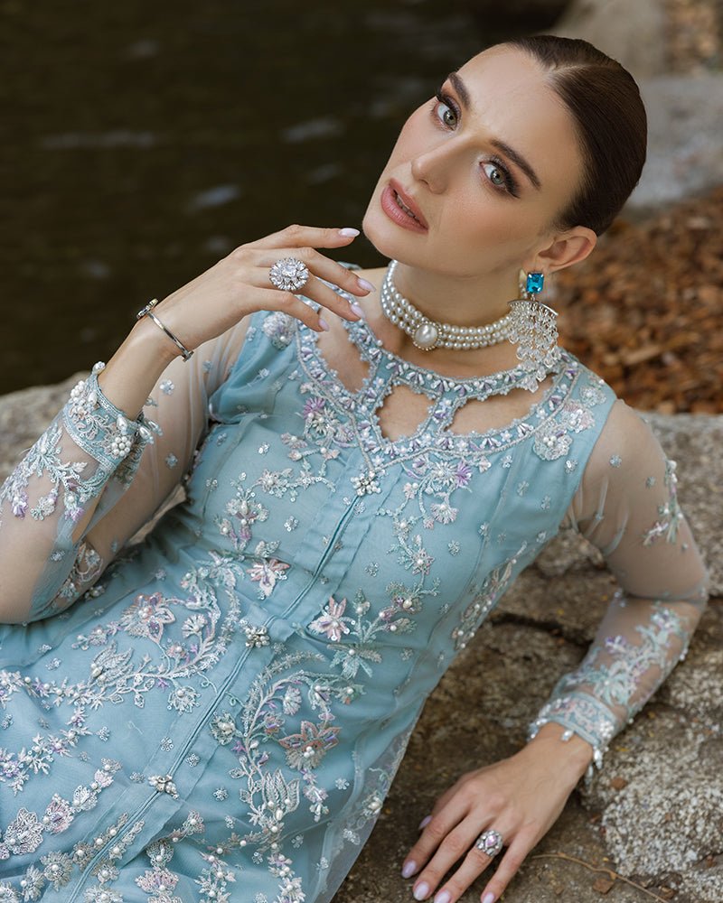 Ain | Cascade Party Wears | AN-105-Brand:Ain-Type:Ladies Clothes-Ice Blue-Net-House of Maryam- Buy in UK, USA