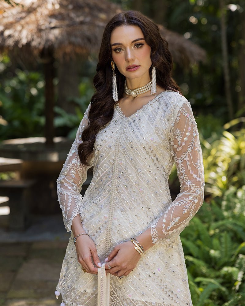 Ain | Cascade Party Wears | AN-99-Brand:Ain-Type:Ladies Clothes-Ivory-Net-House of Maryam- Buy in UK, USA