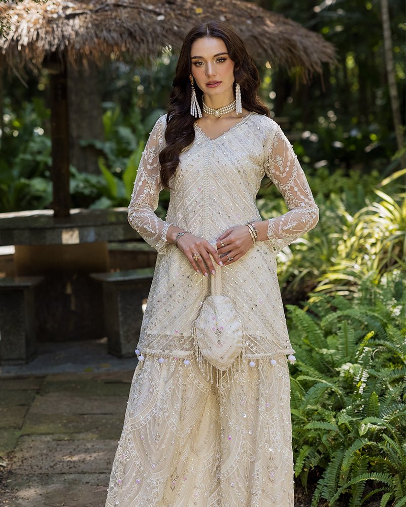 Ain | Cascade Party Wears | AN-99-Brand:Ain-Type:Ladies Clothes-Ivory-Net-House of Maryam- Buy in UK, USA