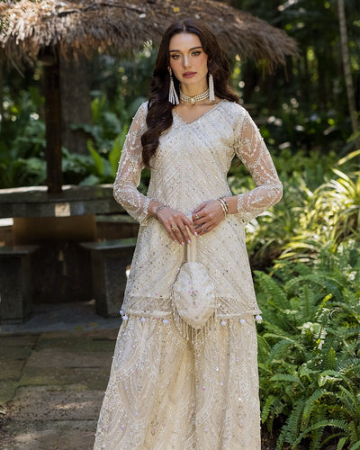 Ain | Cascade Party Wears | AN-99-Brand:Ain-Type:Ladies Clothes-Ivory-Net-House of Maryam- Buy in UK, USA