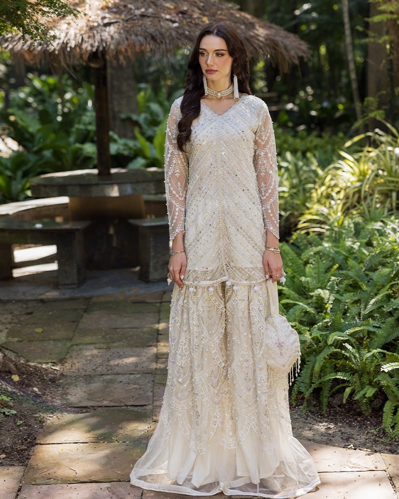 Ain | Cascade Party Wears | AN-99-Brand:Ain-Type:Ladies Clothes-Ivory-Net-House of Maryam- Buy in UK, USA
