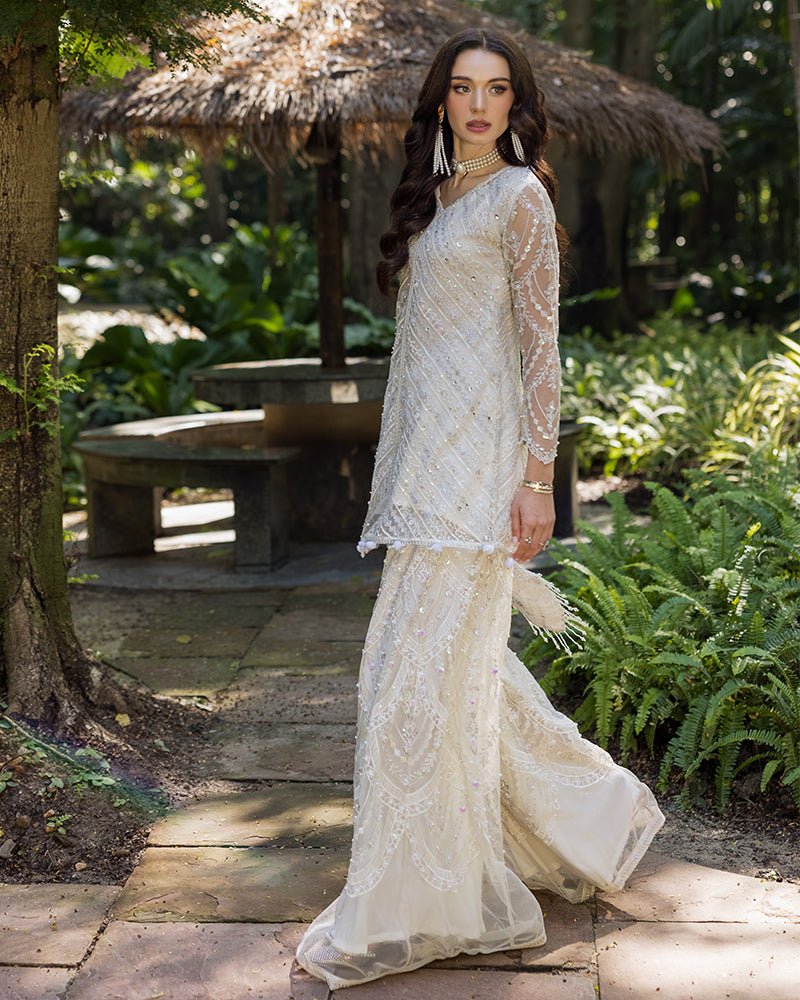 Ain | Cascade Party Wears | AN-99-Brand:Ain-Type:Ladies Clothes-Ivory-Net-House of Maryam- Buy in UK, USA