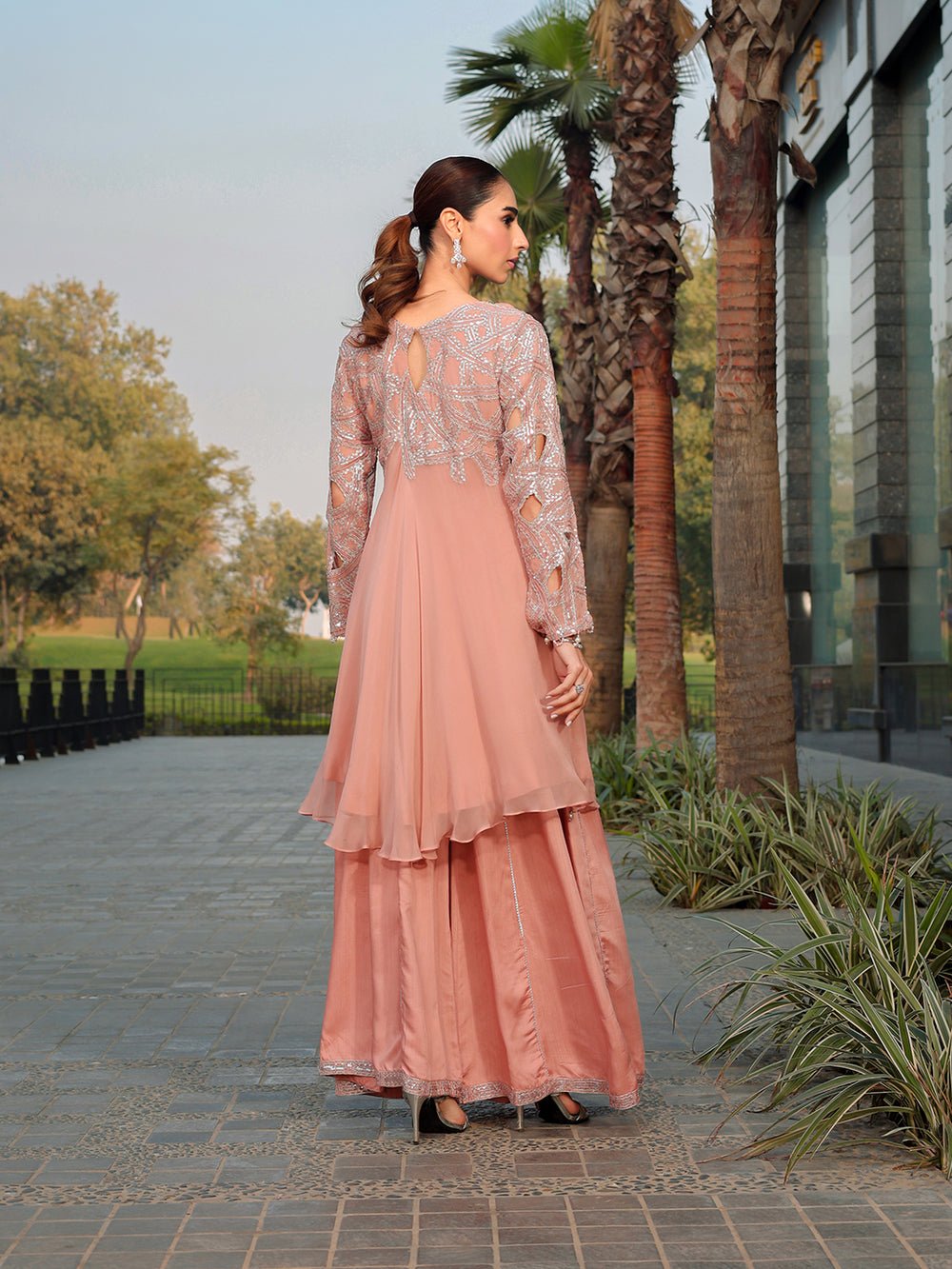 Ain | Raya Luxury Formals | AN-130 SPINAL-Brand:Ain-Type:Ladies Clothes-Peach Pink-Chiffon-House of Maryam- Buy in UK, USA
