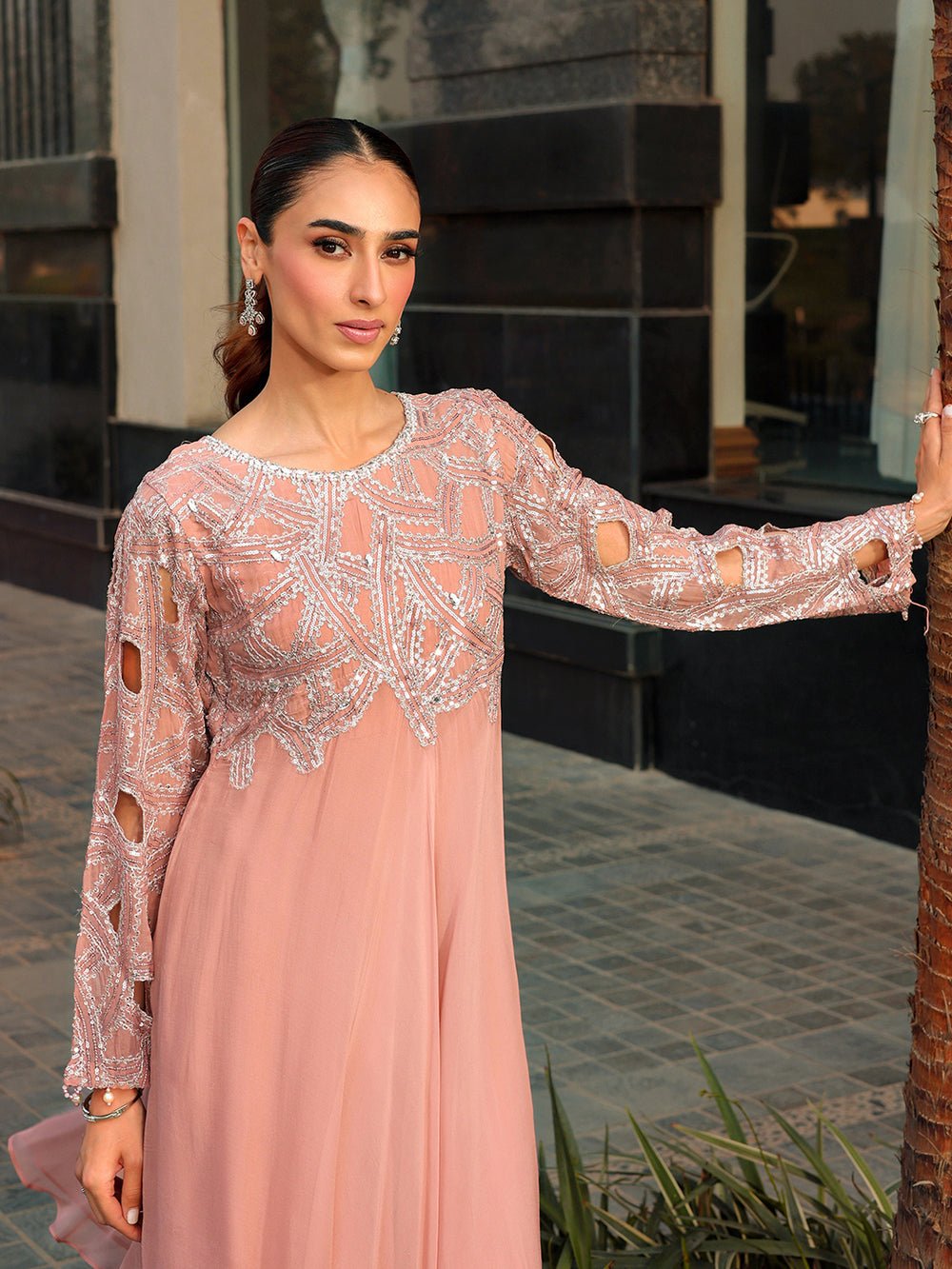 Ain | Raya Luxury Formals | AN-130 SPINAL-Brand:Ain-Type:Ladies Clothes-Peach Pink-Chiffon-House of Maryam- Buy in UK, USA