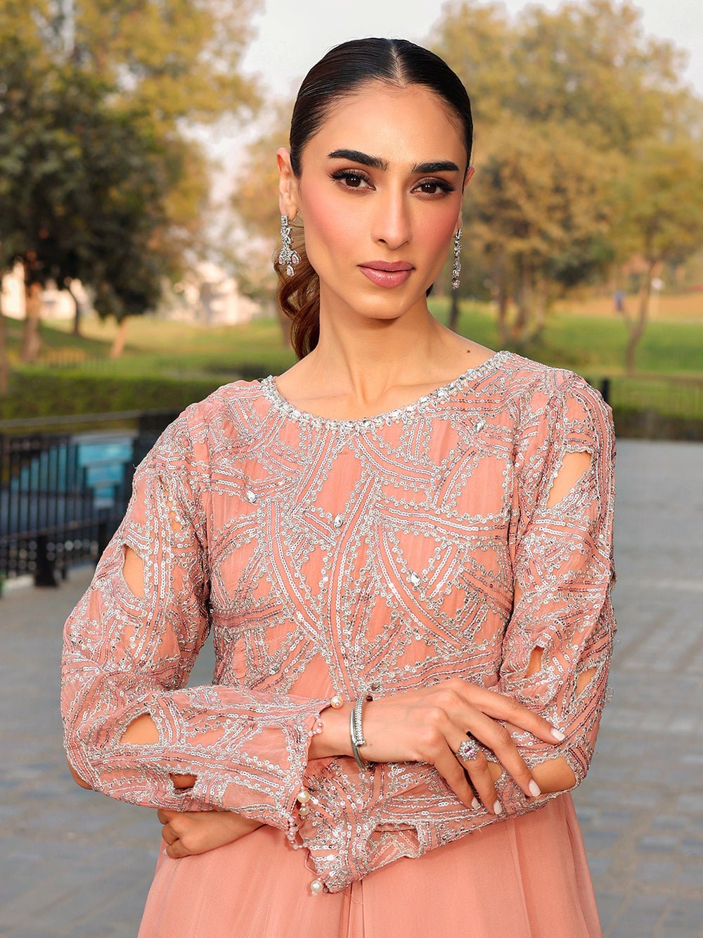 Ain | Raya Luxury Formals | AN-130 SPINAL-Brand:Ain-Type:Ladies Clothes-Peach Pink-Chiffon-House of Maryam- Buy in UK, USA
