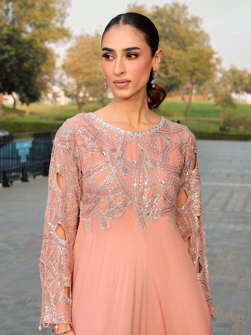 Ain | Raya Luxury Formals | AN-130 SPINAL-Brand:Ain-Type:Ladies Clothes-Peach Pink-Chiffon-House of Maryam- Buy in UK, USA