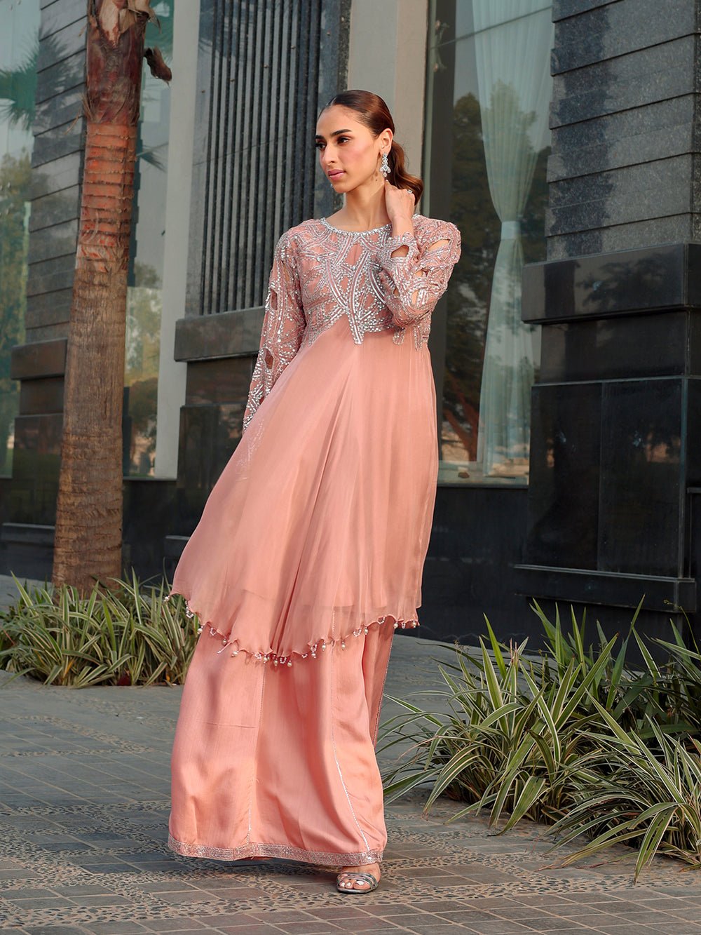 Ain | Raya Luxury Formals | AN-130 SPINAL-Brand:Ain-Type:Ladies Clothes-Peach Pink-Chiffon-House of Maryam- Buy in UK, USA