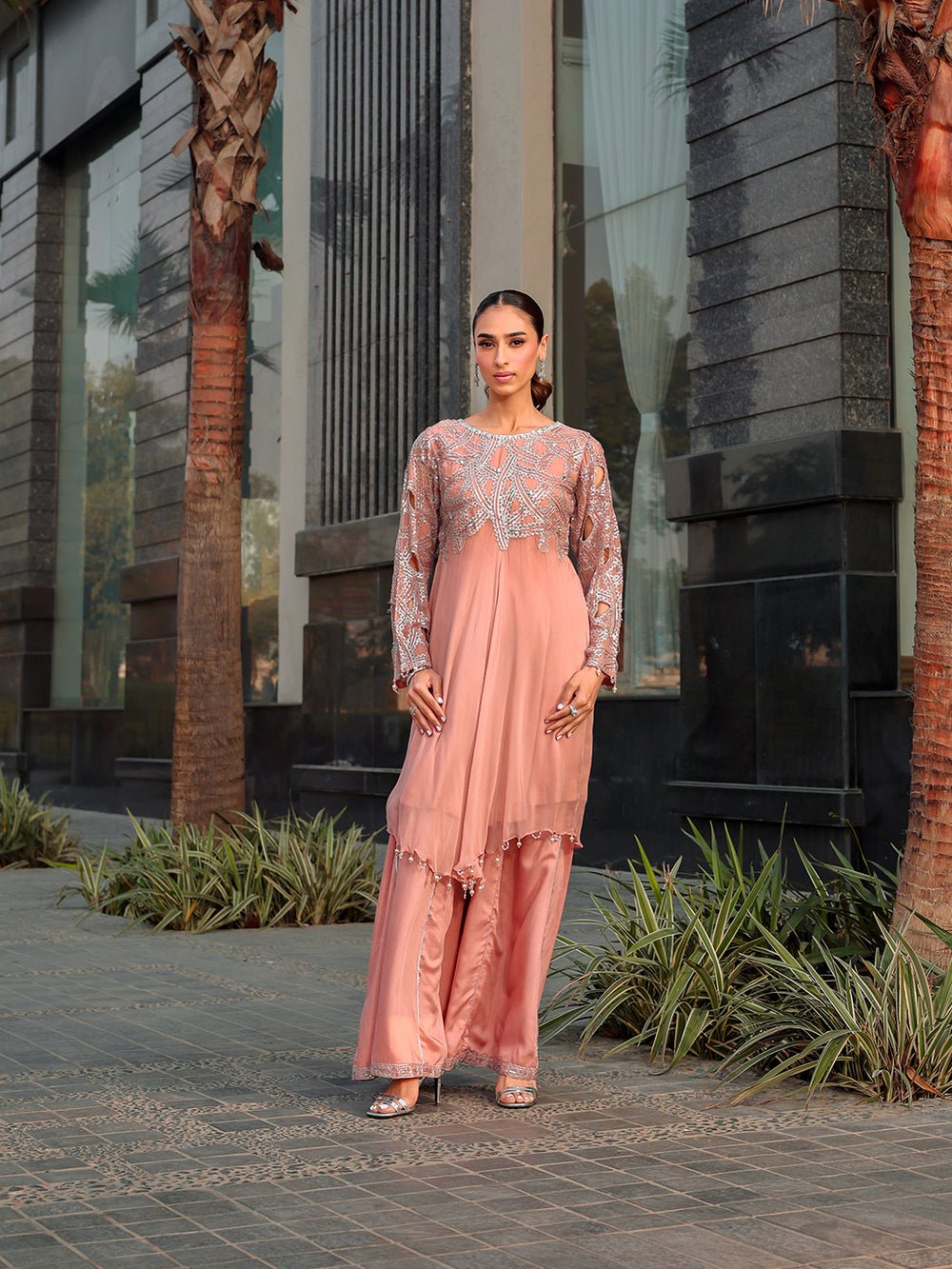 Ain | Raya Luxury Formals | AN-130 SPINAL-Brand:Ain-Type:Ladies Clothes-Peach Pink-Chiffon-House of Maryam- Buy in UK, USA