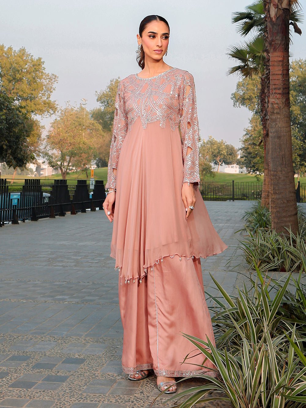 Ain | Raya Luxury Formals | AN-130 SPINAL-Brand:Ain-Type:Ladies Clothes-Peach Pink-Chiffon-House of Maryam- Buy in UK, USA